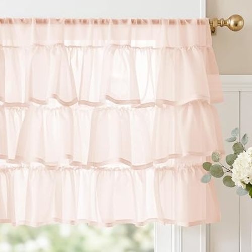 jinchan 2 Panels Ruffled Valance Curtains Rod Pocket 18 Inch Blush Pink