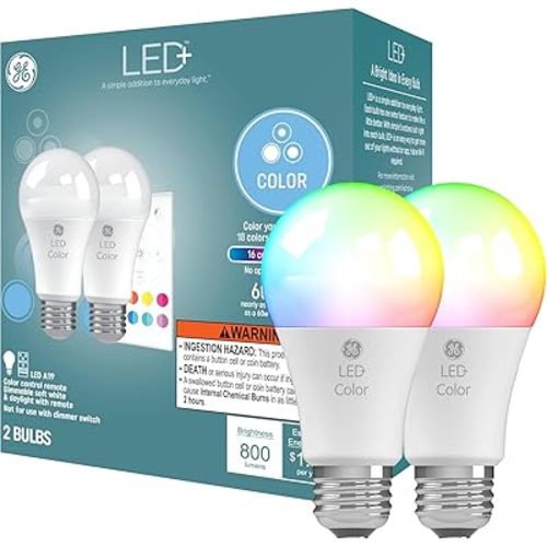 GE LED+ Color Changing LED Light Bulbs with Remote, No App or Wi-Fi Required, A19 Standard Bulbs (2 Pack)