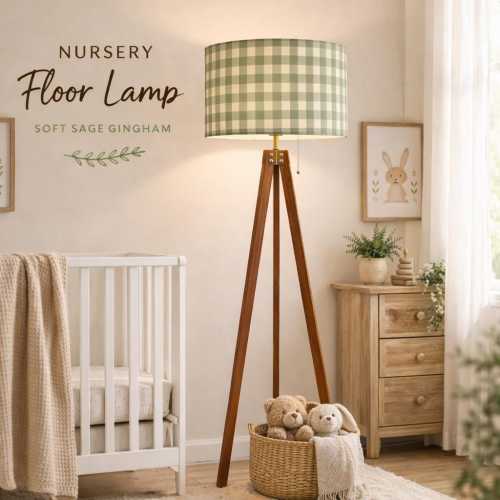 Sage Green Gingham Floor Lamp or Lampshade Nursery Lamp Farmhouse Decor Baby Room Lighting Cottagecore Lamp