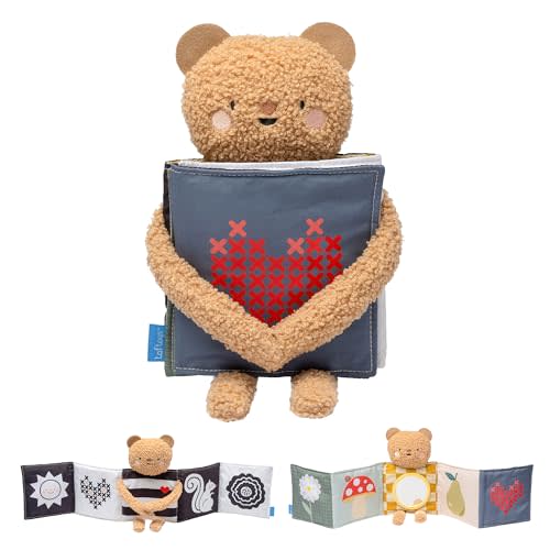 Taf Toys Black & White Sensory Newborn Book, High Contrast Side for Infant Brain Development, Vibrant Colors & Baby Mirror, Plush Bear for Tummy Time Books 0-6 Months - Baby Gifts for Boys Girls