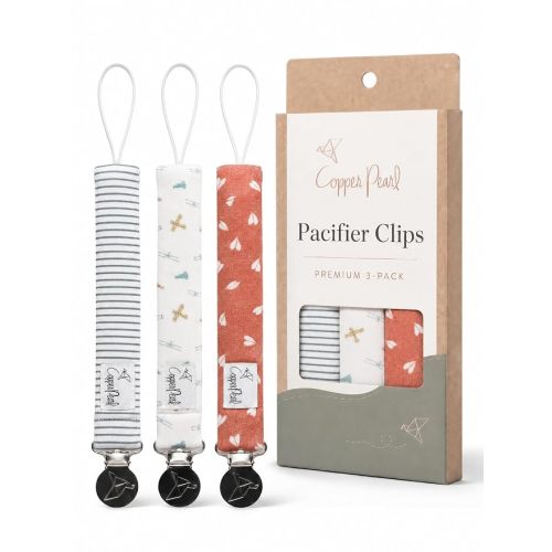 Copper Pearl 3-Pack Pacifier Holders: Premium Knit Binky Clips for Baby Girls and Boys - Stylish Stainless Steel Design for Secure No-Drop Attachment - Ace