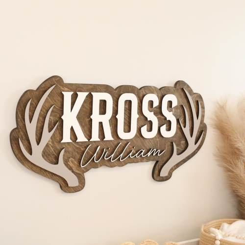 Deer Antler Name Sign Personalized — Custom Wood 3D Baby Boy Nursery Sign, Woodland Boys Room Wall Decor, 12 to 42 Inch, Ships Free