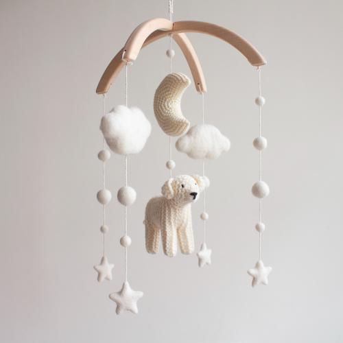 Neutral White Dog Baby Mobile – Whimsical Golden Retriever & Celestial Nursery Decor