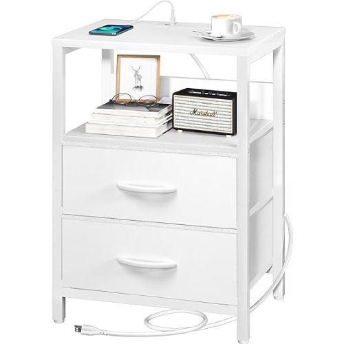 Yoobure Nightstand with Charging Station, Small Night Stand with Fabric Drawers and Storage Shelf for Bedrooms, Nightstands for Small Spaces, Bedside Table with USB Ports & Outlets, Bed Side Table