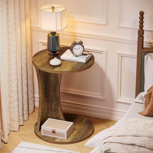 Tribesigns C-Shaped End Table, 19" Farmhouse Round Nightstand, 2-Tier Side Table for Living Room with Storage, for Bedroom,Rustic Brown