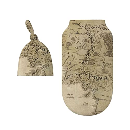 LOGMOR Middle Earth Map Pattern Baby Newborn Swaddle Blanket with Beanie Hat Set, 100% Cotton Receiving Blankets Sleep Sack for Boy & Girl Newborn Shower Gift