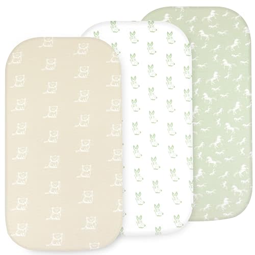 Cotton Fitted Bassinet Sheets, Universal Fit 33 x 17, Ivory-White-Sage Green, 3 Pack