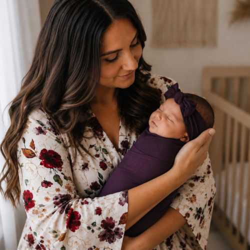 Red Rose Floral Maternity Robe Purple Swaddle Set, Mommy Baby Hospital Outfit, Newborn Hat Bow