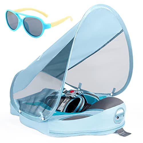 Baby Floats for Pool with Canopy Removable UPF 50+ UV Sun Protection Canopy，Mambobaby Infant Pool Float Non Inflatable Soft Skin-Friendly Leather Material Infant Swim Float 3-24 Months
