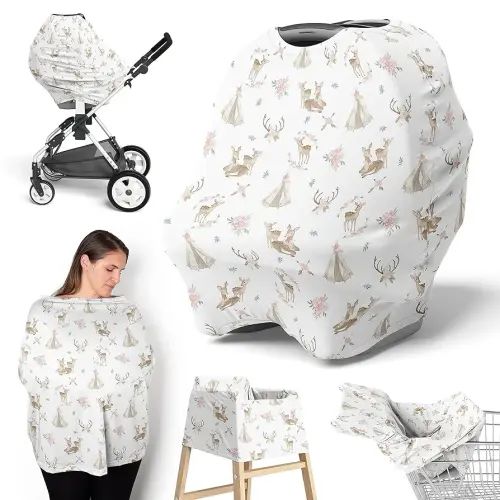 Sweet Jojo Designs Woodland Deer Floral Girl Infant Baby Car Seat Cover Nursing Breastfeeding Shopping Cart Stroller Canopy Blush Pink Mint Green Boho Watercolor Bohemian Forest Animal Shabby Chic