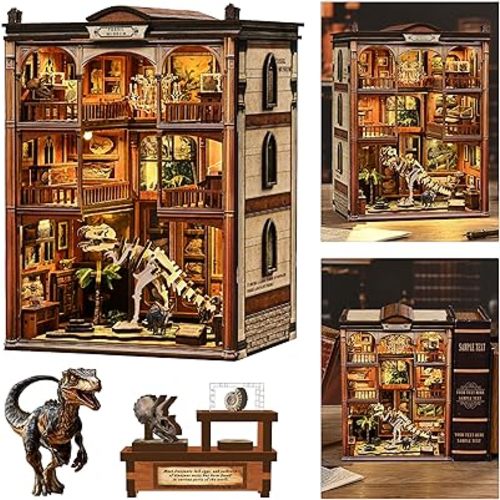 ISSEVE Book Nook Kits for Adults, DIY Booknook Kit Miniature Dollhouse Book Nooks, 3D Wooden Puzzle Model Building Creative Bookshelf Home Decoration Adult Crafts Kits Gift (Dinosaur Fossil Museum)