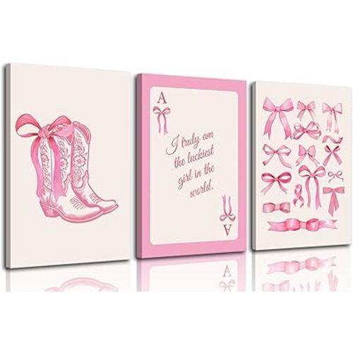 3pcs Fashion Pink Bow Wall Art Coquette Preppy Wall Decor Pink Cowboy Boots Painting Picture Lucky Girl Poker Canvas Poster Prints for Girls Dormitory College Apartment Home Decor 12x16in Framed