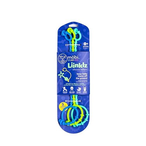 Mobi Liinklz Silicone Tethers - Toy Straps for Baby, Stroller Toy Straps, Baby Toy Holder, Toy Safety Straps, High Chair, Flexible & Soft, Easy to Connect, 0 Months+ - Cool Colors (Pack of 3)