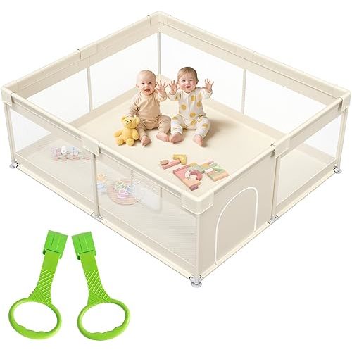 Mloong Large Baby Playpen for Toddler - 69×59in Babies Play Pen with Storage Bag Playard Active Center Beige