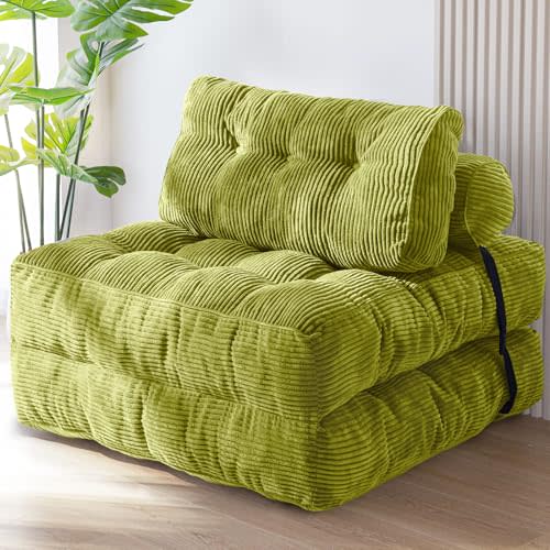MAXYOYO Folding Sofa Bed, Convertible Chair Bed with Pillow | Foldable Couch with Back Support, Portable Fold Out Chair Comfy Floor Sofa for Living Room Bedroom, Green, Single