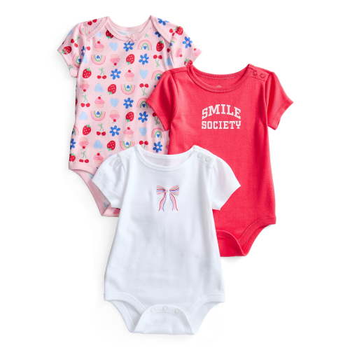 Wonder Nation Baby Girls Bodysuit with Short Sleeves, 3-Pack, Sizes 0M-24M