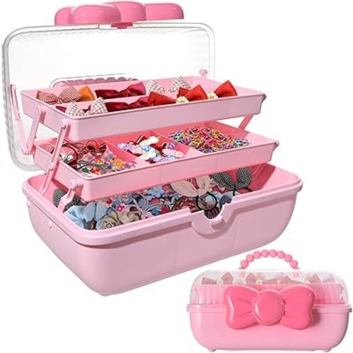 Hair Accessories Organizer for Girls, 3-Layers Jewelry Storage Box with Handle, Lockable Folding Craft Organizers, Pink Plastic Storage Container with Cute Bow for Headbands, Clips, Ornaments
