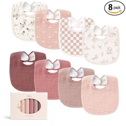Konssy 8-Pack Muslin Baby Bibs, Adjustable Fit for Drooling and Teething