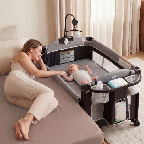 LINLUX Foldable Baby Bedside Crib Bassinet, Infant Pack and Play Playard, Newborn Playpen Changing Table,Dark Gray