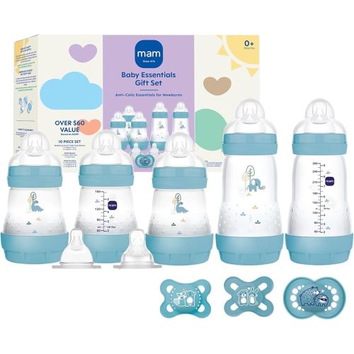 MAM Newborn Essentials Matte Feeding Set, Easy Start Anti-Colic Bottles 5oz, Self-Sterilizing, for 0-3 Months Pacifiers, Skinsoft Silicone Nipples, 10 Pieces for Boy