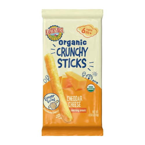 Earth's Best Organic Stage 2 Baby Teething Snack, Cheddar Cheese Crunchy Sticks, 0.56 oz Bag
