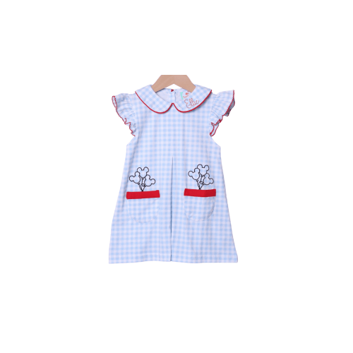 Embroidered Magical Balloon Blue Gingham Knit Dress