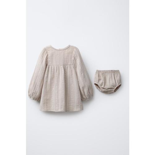 EMBROIDERED COTTON GAUZE DRESS AND PANTY SET - taupe brown | ZARA United States