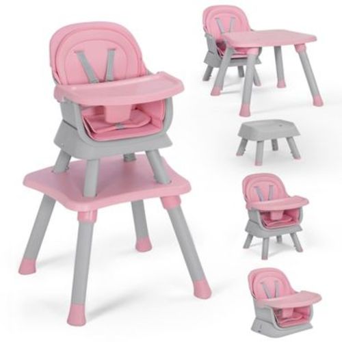 Kinder King 8 in 1 Baby High Chair, Coverts to Dining Booster Seat, Removable Tray & Double Seat Cover, Easy to Wipe, Gray & Pink
