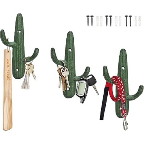 Comfify Set of 3 Hooks Cast Iron Cactus Double Wall Mounted Hooks/Hangers - Decorative Wall Mounted Hooks for Coats, Bags, Towels and More - w/Screws and Anchors Included - Rustic Green