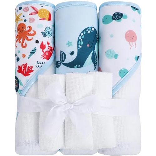 Viviland 6 Pcs Hooded Baby Towels and Washcloths Set, Super Gentle Bath Towels for Newborn Face & Body, Absorbent Wash Cloth for Infants Boys, Ocean Animal World Pattern, 28 x 28 inch