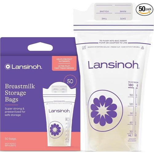 Lansinoh Breastmilk Storage Bags, 50 Count, Baby Essentials, Fast Freeze & Thaw Breast Milk Bags for Baby Bottle Feeding, Strength & Stretch, 6 Ounce