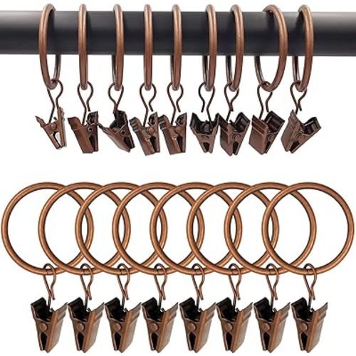 100 Pack Antique Copper Curtain Rings with Clips, Curtain Hooks Hangers Clip Rings for Hanging Drapes Bows Hat, Drapery Rings 1.26 in I D, Fits up to 1 in Diameter Curtain Rod.