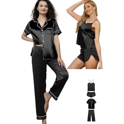 5Pcs Womens Silk Pajamas Set Cami Shorts Pj Sets Lingerie Satin Pajama Sets Loungewear Pjs Silky Sleepwear