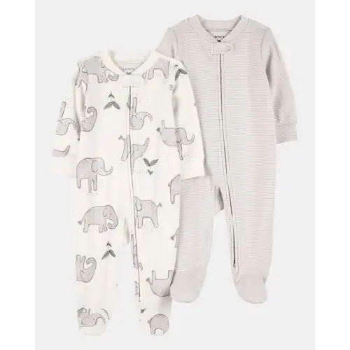 Baby 2-Pack Striped Elephant 2-Way Zip Cotton Sleep & Play Pajamas - Grey | Carter's
