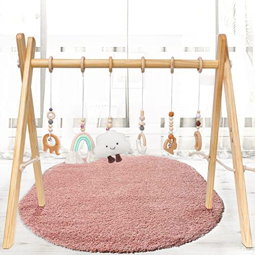 Golener Baby Play Gym Wooden Baby Gym with 6 Infant Activity Toys,Foldable Frame Hanging Bar,Toddler Activity Center with Pull Ring,Wood Gyms for Newborn Gift,Girl and Boy Shower gift,Easy to Assemble