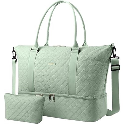 HOTOR Travel Duffel Bag - Weekender Bags for Women, Carry On Overnight Bag with Shoe Compartment, with Toiletry Bag for Travel Essentials and Travel Accessories, Green, 13.4"×17.3"×7.9"
