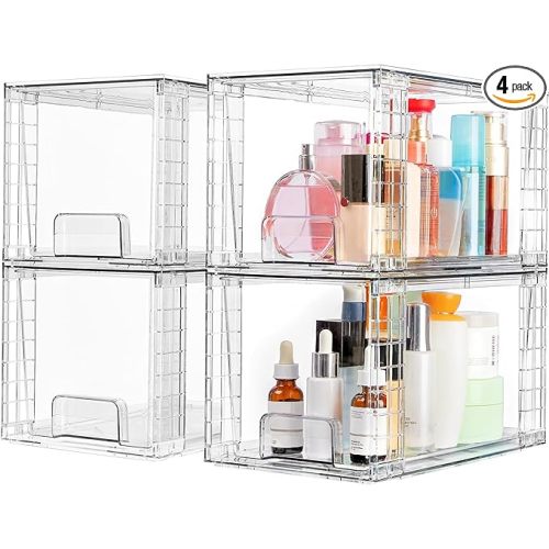 Vtopmart 4 Pack Large Stackable Storage Drawers,Easily Assemble Acrylic Bathroom Closet Undersink Organizers and Storage,Plastic Bins for Kitchen Cabinets,Pantry,Makeup,Medicine Organization