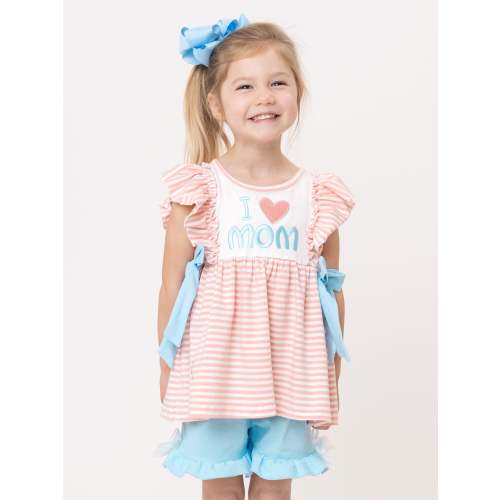 I Love MOM Stripe & Ruffle Embroidered Outfit