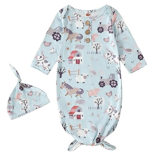 AMAWMW Newborn Baby Boys Girls Cartoon Sleeper Gown Long Sleeve Mountain Nightgown Hat Outfits