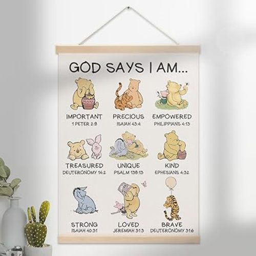Wall The Pooh Nursery Wall Decor,Baby Room Hanging Wall Art Decoration,Wooden Hanging Canvas Religious Gifts, Cute Pooh Biblical Affirmations Art, I Will Nursery Decoration For Men Women