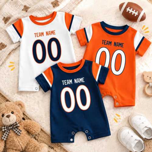 Custom Denver Football Baby Romper, Personalized Team Name, Baby Name & Number Bodysuit, Game Day Baby Outfit, Football Baby Gift