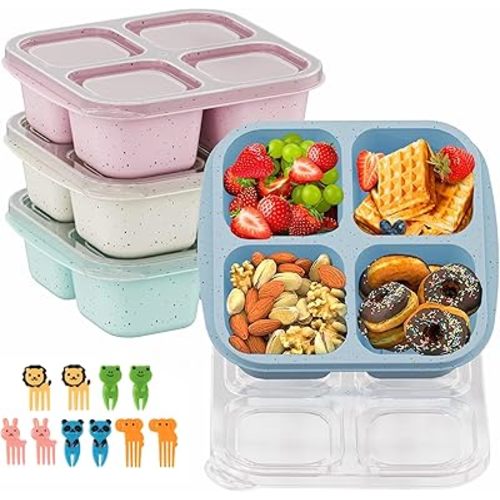 Bento Snack Boxes 4 Pack, Reusable Bento Boxes Kids with 4 Compartments & Fork, Lunch Snack Containers for Kids Adults, Divided Food Storage Containers for School Work Travel (Wheat)