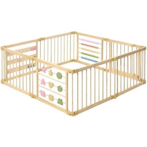 ZETY Natural Wood Baby Playpen, 8 Panel Foldable Play Yard, Door & Toys