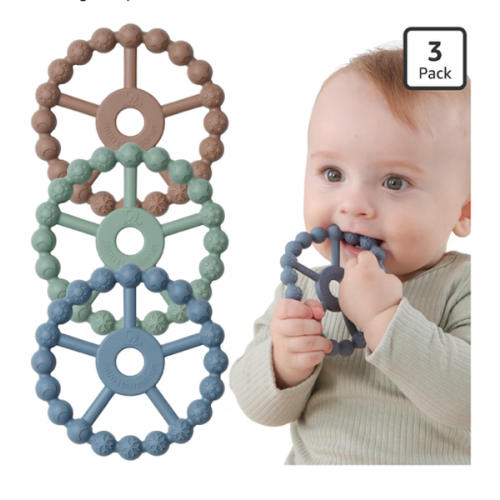 3 Pack Ring Teether Baby Infant Toys, Baby Essentials, Silicone Teething Ring Toys for Babies 0-6 Months, Seposeve Toddler Teethers 6-12 Months 12-24 Months, Infant Teething Relief, Brown Green Blue