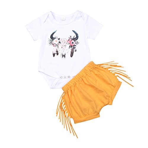 Enhill Toddler Kids Baby Girl Deer Short Sleeve Romper Shirt+Tassel Shorts Outfit Set