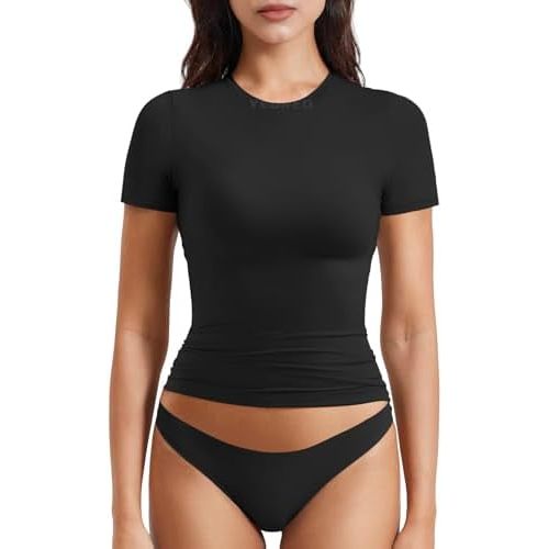 YEOREO Women Fitted Workout Tops Short Sleeve Double Lined Basic Y2K Going Out Crew Neck Compression Crop Top