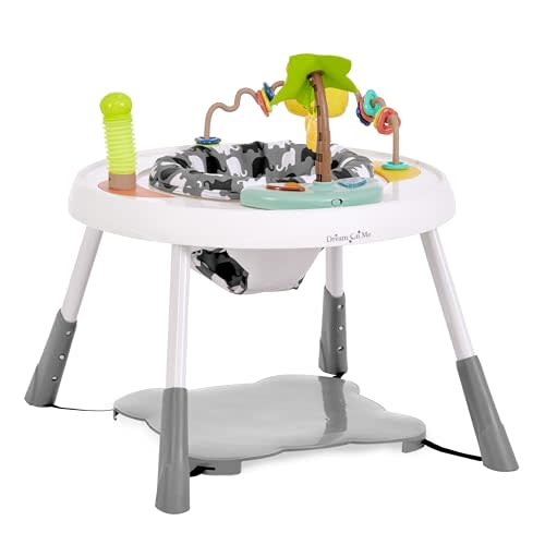 Dream On Me Curio Sit N Seek Baby Activity Center in Grey, 2 in 1 Activity Center and Play Table with 3 Detachable Toys and Music, 3 Level Height Adjustable Positions Activity Center for Baby