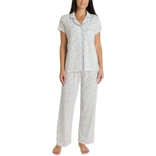 Laura Ashley Women's Pajamas 2 Piece Cotton Blend Notch Collar Button Down PJ Set