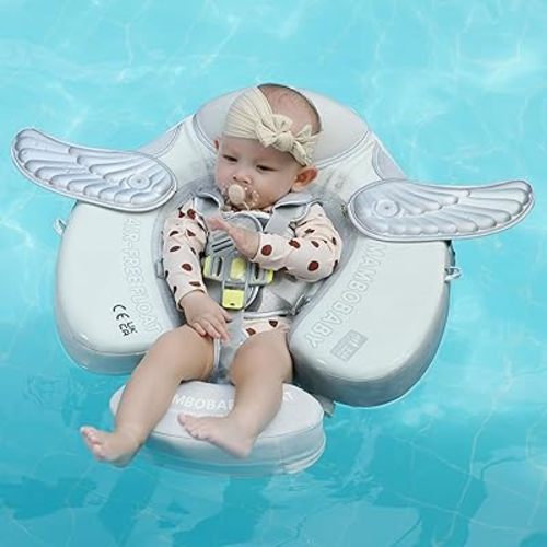 Mambobaby Float with Canopy and Tail – Baby Float with Canopy, New Upgraded Non-Inflatable Infant Swim Trainer, UPF+ Sun Canopy, Adjustable Safety Harness for Toddler Pool (Angel Silver)