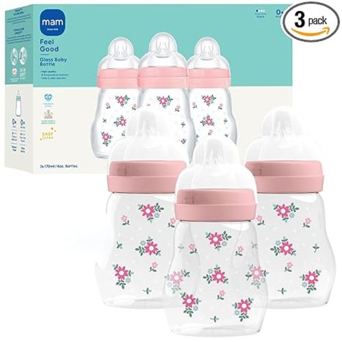 MAM 6oz Pure Glass Feel Good Anti-Colic 0+ Months Baby Bottle, 3 Pack, Girl